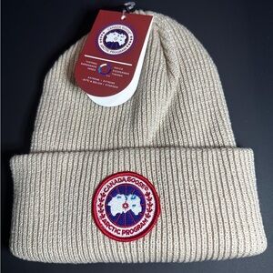 Canada Goose Beige Rib Knit Arctic Program Beanie with Red Patch